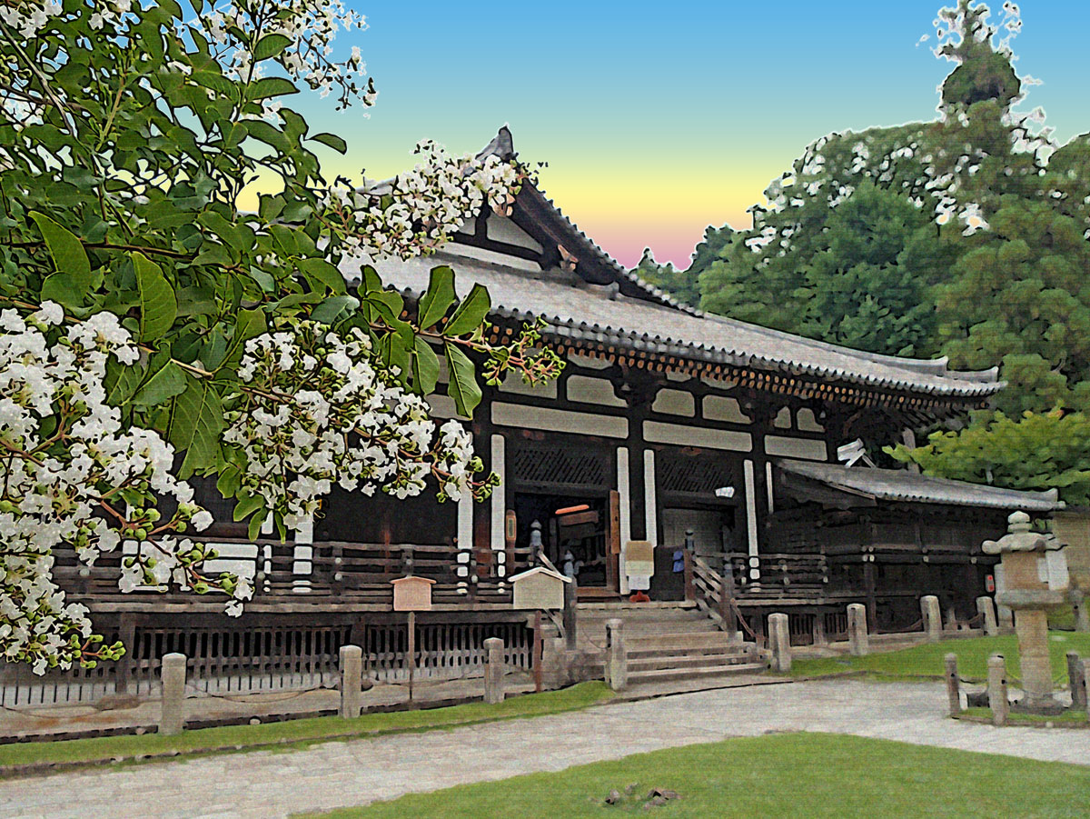 版画風　百日紅と三月堂